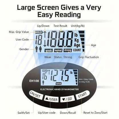 Fitness Equipment Digital Hand Grip Dynamometer with 264 lb Range, LCD Screen and Adjustable Handle