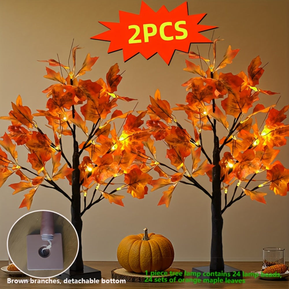 Two-Piece LED Maple Leaf Tree Light Set with 24 Warm Lights, Red Autumn Leaves and Black Branches