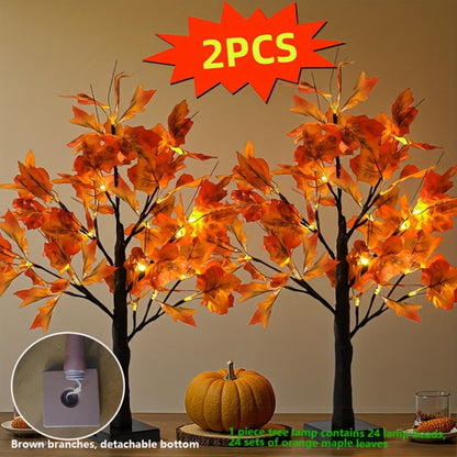 Two-Piece LED Maple Leaf Tree Light Set with 24 Warm Lights, Red Autumn Leaves and Black Branches