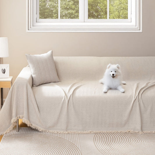 Sofa Cover Throw, Chenille Woven Fringe Slipcover in Three Colors for Three- and Four-Seat Couches