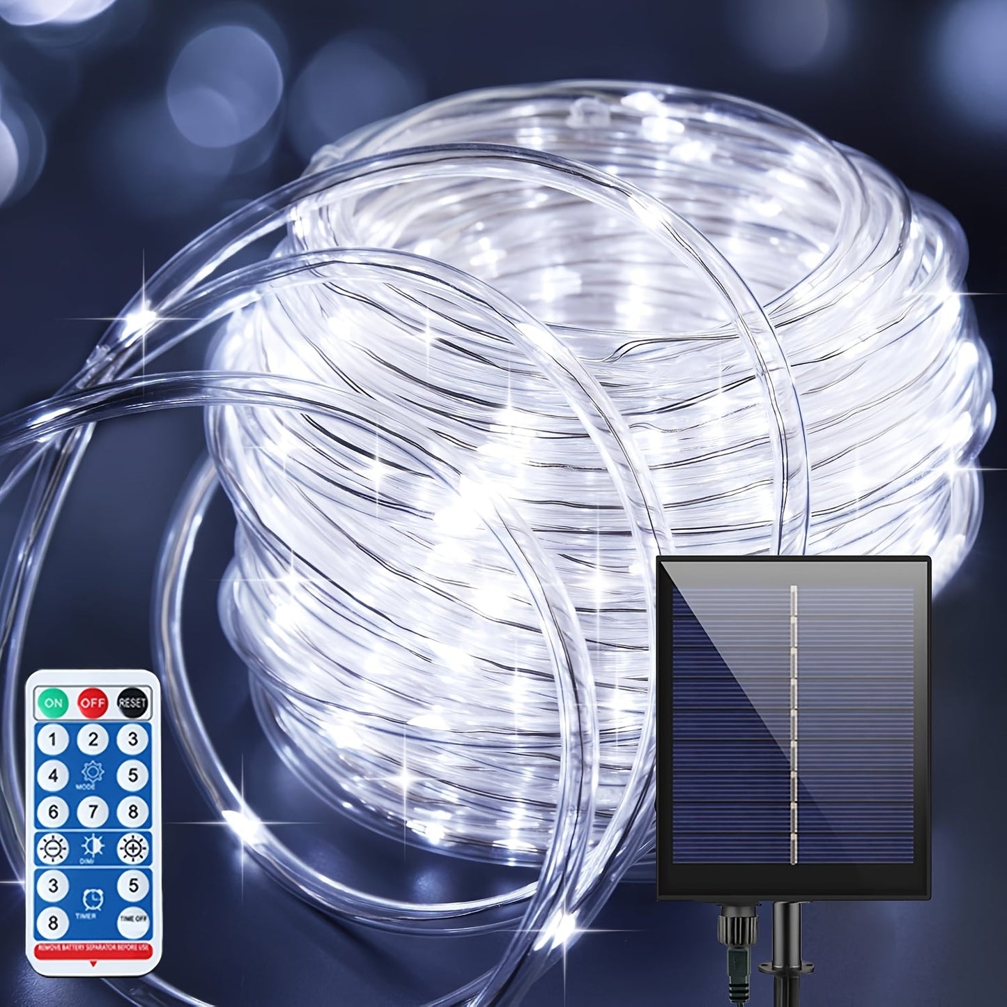 Solar Rope Lights Outdoor – Waterproof Fairy String Lights with Remote Control 8 Modes 1200mAh Battery for Garden Patio Fence Tree Wedding Party – Multicolor Cold White Purple Yellow – 49-115FT