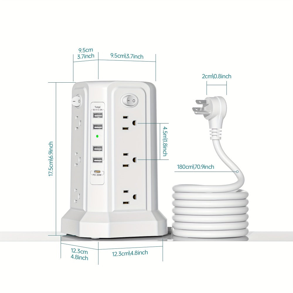 Surge Protector Power Strip Tower 17-in-1 with 12 AC Outlets, 4 USB-A, USB-C PD 18W and Four Group Switches