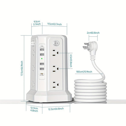 Surge Protector Power Strip Tower 17-in-1 with 12 AC Outlets, 4 USB-A, USB-C PD 18W and Four Group Switches