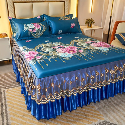 Ruffled Floral Bedspread Mat Set with Two Pillowcases, Twin to King Sizes and Four Pattern Choices