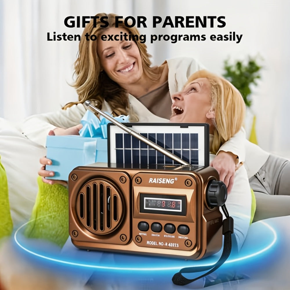 Retro FM Radio Speaker with Solar Panel, Bluetooth, USB and TF Card Playback in Black or Brown