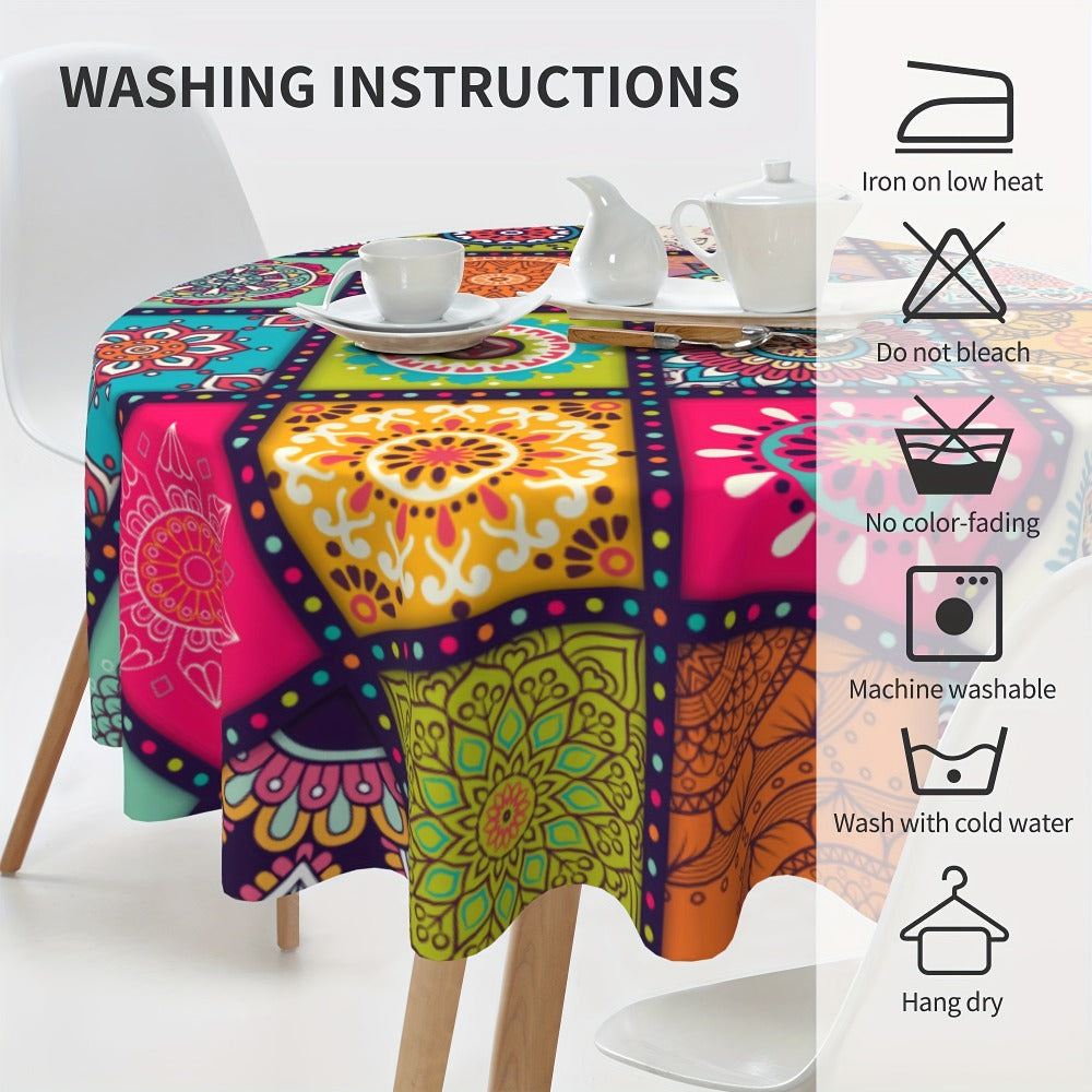 Tablecloth with Colorful Patchwork Mandala Print in Round, Square and Rectangle Size Options