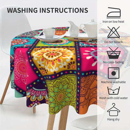 Tablecloth with Colorful Patchwork Mandala Print in Round, Square and Rectangle Size Options