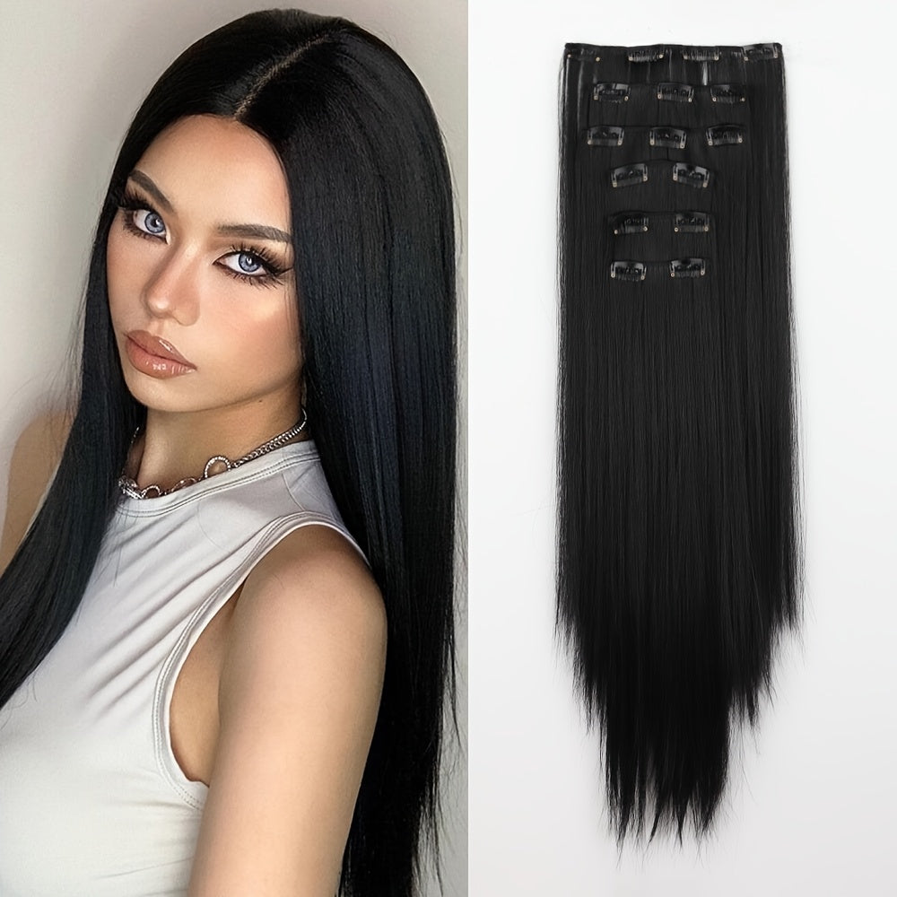 24-Inch Clip-In Hair Extension Set with Six Wefts and 16 Clips in Black or Mixed Color Options