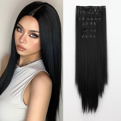 24-Inch Clip-In Hair Extension Set with Six Wefts and 16 Clips in Black or Mixed Color Options