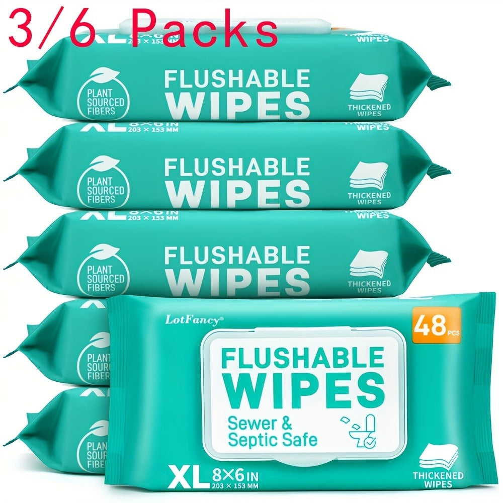 Flushable Wet Wipes Extra Large Thickened 48ct – Alcohol-Free Plant-Based Butt Wipes, Septic Safe, Quick-Dispersing for Baby Sensitive Skin, Feminine & Personal Care – Pack of 3 or 6