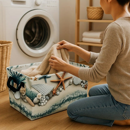 Fabric Storage Basket with Beach Shell and Starfish Print for Shelves and Room Organization