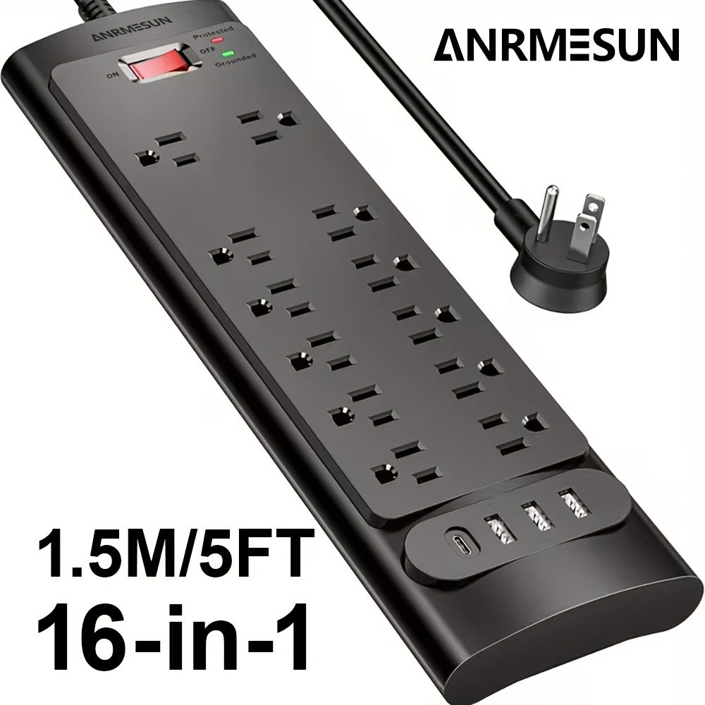 Spacious Outlet Gaming Power Strip 16-in-1 with Control Switch, 12 Wide-Spaced AC Outlets & 4 USB Ports (1 USB-C), Surge Protector, 5ft Extension Cord for TV Monitor Gaming Setup Home Office – Sleek Design
