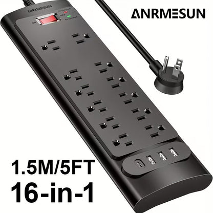 Spacious Outlet Gaming Power Strip 16-in-1 with Control Switch, 12 Wide-Spaced AC Outlets & 4 USB Ports (1 USB-C), Surge Protector, 5ft Extension Cord for TV Monitor Gaming Setup Home Office – Sleek Design
