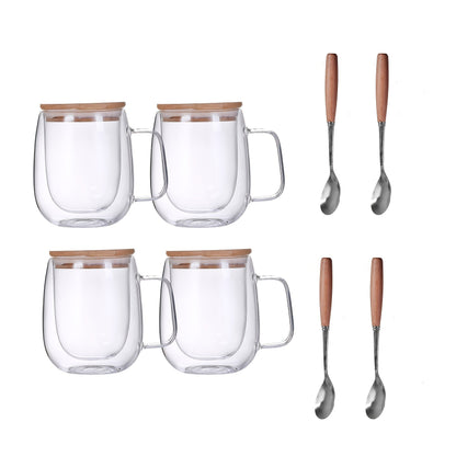 Four-Piece Double-Wall Glass Coffee Cup Set with 350 ml Capacity, Wooden-Style Lids and Spoons
