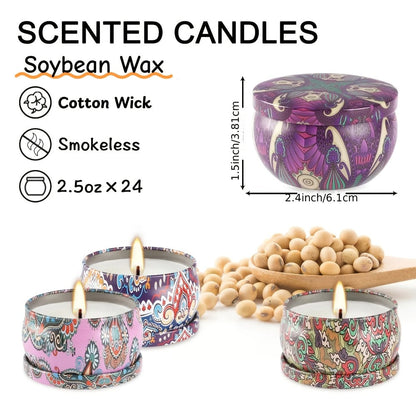 24-Piece Candle Gift Set with Lidded 2.5oz Decorative Travel Tins and Multicolor Fragrance Labels