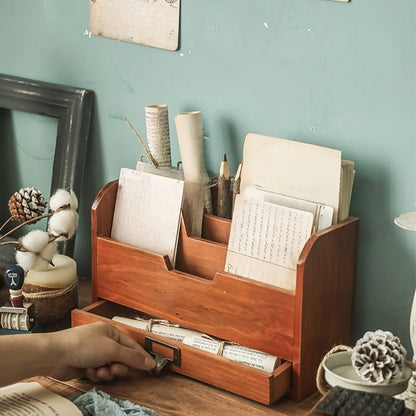 Wooden Desktop File and Letter Organizer with Tiered Compartments, Lower Drawer and 29.5 cm Wide Body