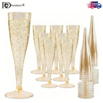 Plastic Champagne Flutes Bulk 25 50 Pack Disposable Reusable Golden Glitter Champagne Glasses Stackable Food-Grade PS Party Cups for Wedding Birthday New Year Picnic Brunch Events