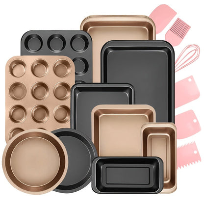 Mixed-Color Bakeware Set with 2–18 Pieces, Cake and Muffin Pans, Trays, Racks and Tools Pictured
