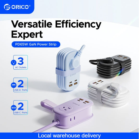 GaN 65W Portable Power Strip Fast Charging - 3 AC Outlets, 2 USB-C & 2 USB-A Ports, Flat Plug, 50-inch Cable, Compact Travel Charging Station for Laptop Tablet Phone Home Office Studio