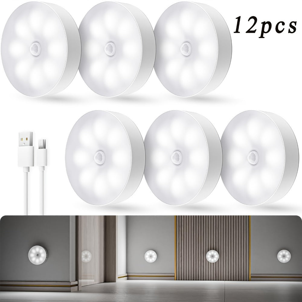 Wireless Motion Sensor Night Light USB Rechargeable - Dimmable Wall Lamp Dual Mode PIR Sensor Magnetic & Adhesive Mount 6 or 12 Pack for Kitchen Hallway Stairs Closet Cabinet Bedroom Bathroom