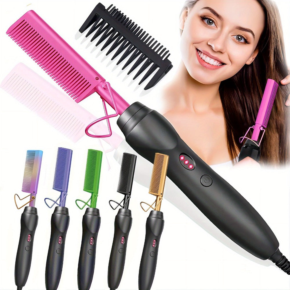 Electric Hot Comb Hair Straightener – 3-in-1 Ceramic Pressing Comb for Natural Hair, Beard & Wigs, Curling & Straightening Iron with Protective Holder, Bonus 2 Clips & 1 Comb, Gift Ready