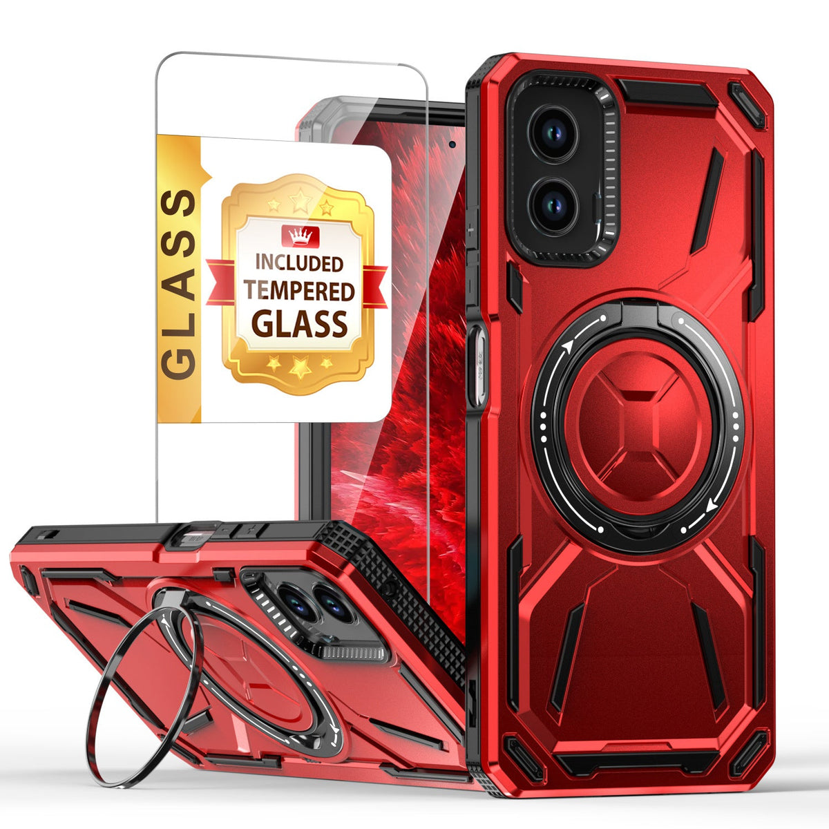 Phone Case Ring Stand Cover with Tempered Glass Protector for Motorola Moto G 5G 2024 in Four Colors