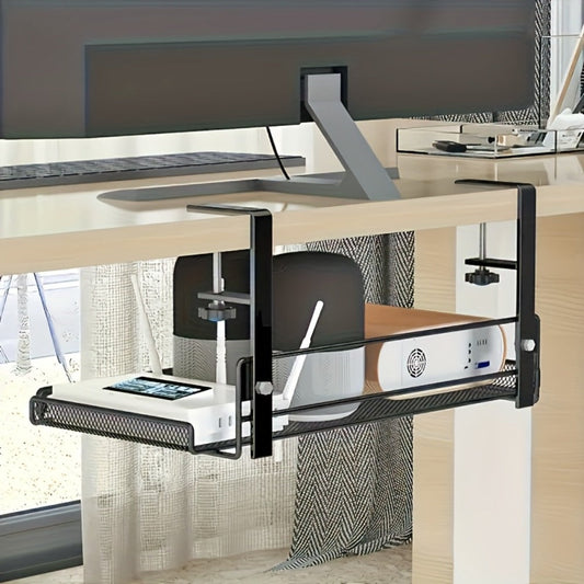 Clamp-On Cable Management Tray No Drill – Under Desk Wire Organizer Alloy Steel Mesh Holds 10 lbs | Fits 0.4"-2.4" Desks, Home Office & Gaming Setup, Black 10.63"