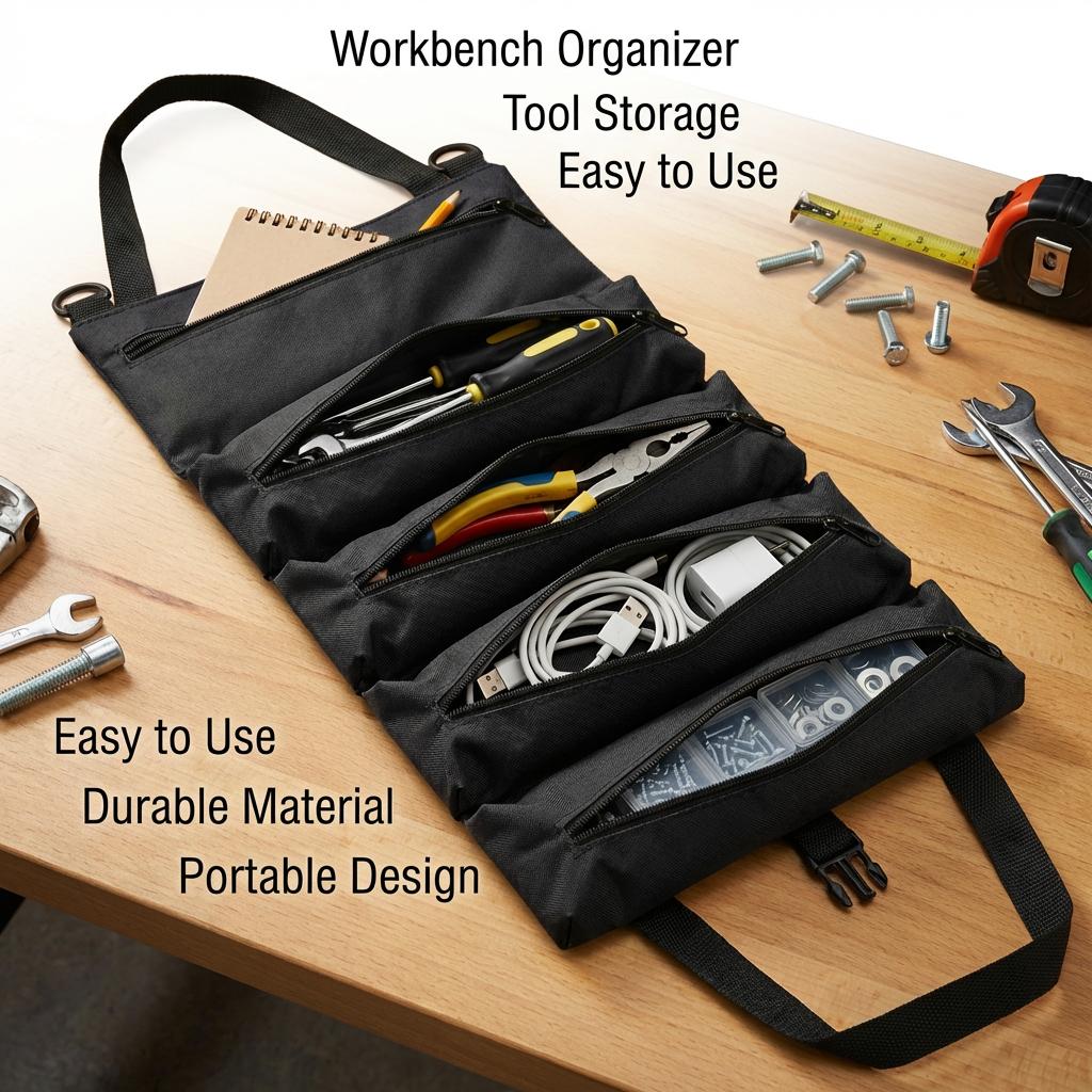 Collapsible Tool Roll Organizer Bag in Green or Black with Multiple Pockets and Carry Handles