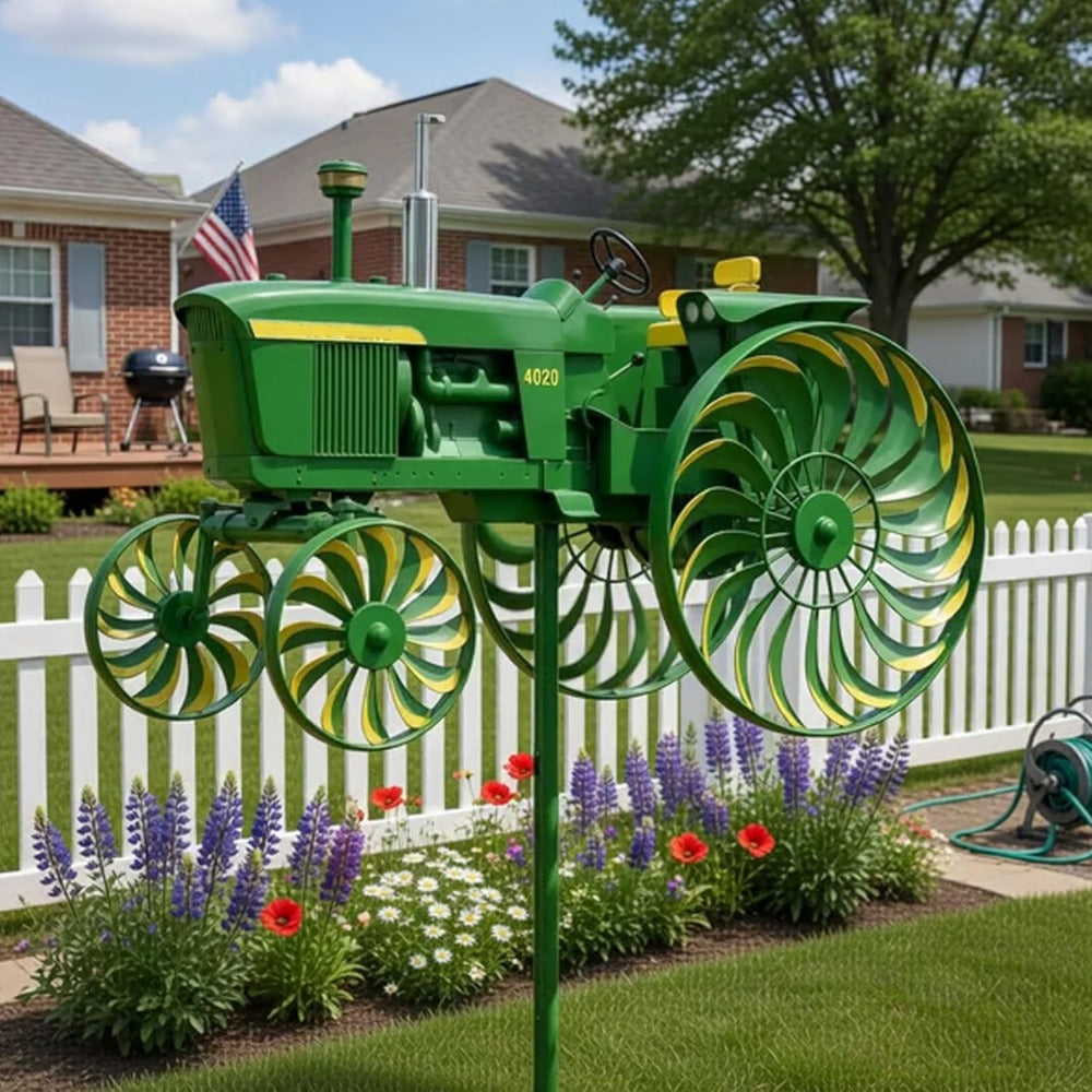 Tractor-Shaped Garden Windmill Stake with Six Rotating Pinwheel Wheels and 28 x 14 cm Topper
