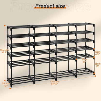 Shoe Rack 4-Row 9-Tier Metal Organizer for Up to 64 Pairs with Modular Black Freestanding Design