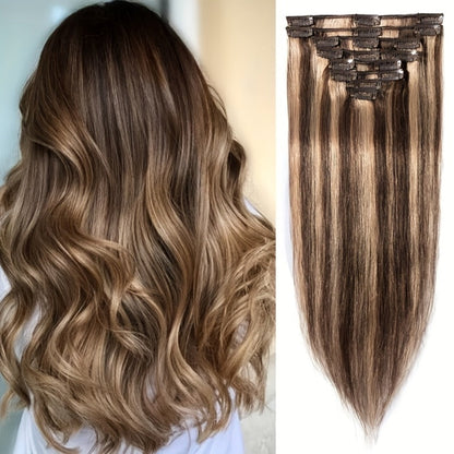 Hair Extensions Straight Remy Human Hair Clip-In Set with Eight Wefts, Highlighted Blonde Colors and 8–24-Inch Lengths