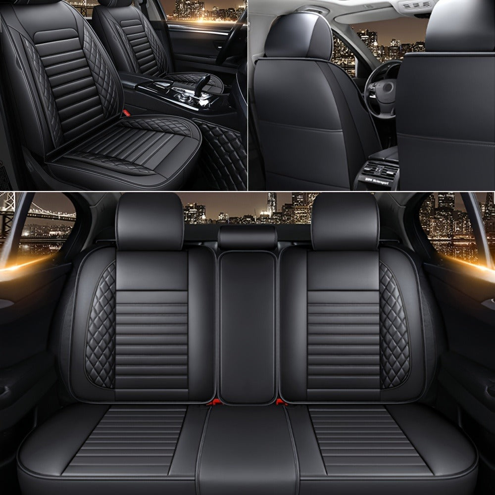 Car Seat Covers Full Set – 5-Seat PU Leather Airbag Compatible Universal Fit Sedan SUV Truck Waterproof with Front Storage Bag & Detachable Armrest