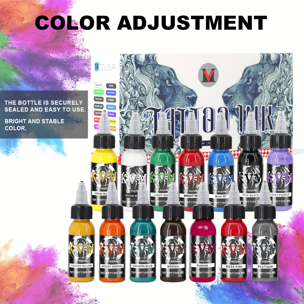 1oz Tattoo Ink Set 7 & 14 Colors Professional - 30ml Stable Vibrant Pigment Bottles, Fade-Resistant Permanent Ink for Rotary Coil & Pen Tattoo Machine, Complete Color Kit for Artists & Beginners