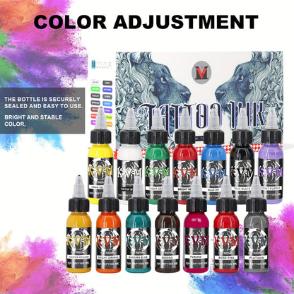 1oz Tattoo Ink Set 7 & 14 Colors Professional - 30ml Stable Vibrant Pigment Bottles, Fade-Resistant Permanent Ink for Rotary Coil & Pen Tattoo Machine, Complete Color Kit for Artists & Beginners
