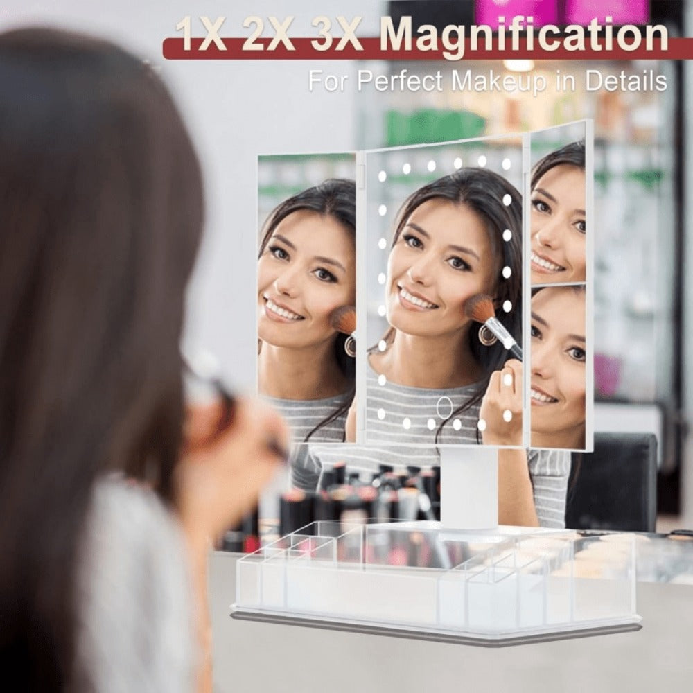 Makeup Mirror Tri-Fold Vanity with 24 LEDs, 1X 2X and 3X Panels, Touch Dimming, Storage Base and Dual Power