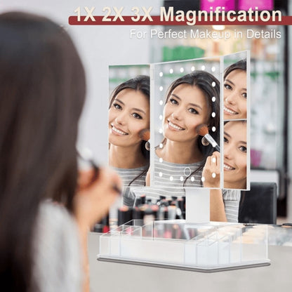 Makeup Mirror Tri-Fold Vanity with 24 LEDs, 1X 2X and 3X Panels, Touch Dimming, Storage Base and Dual Power