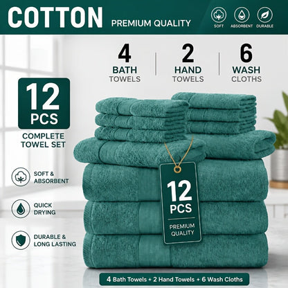 Luxury Towel Set 12 or 24 Piece Hotel Quality Cotton - Highly Absorbent Quick Dry Thick Bath Towels Hand Towels Washcloths | 7 Colors | Hotel Spa Gym Home Bathroom Essentials Gift Set