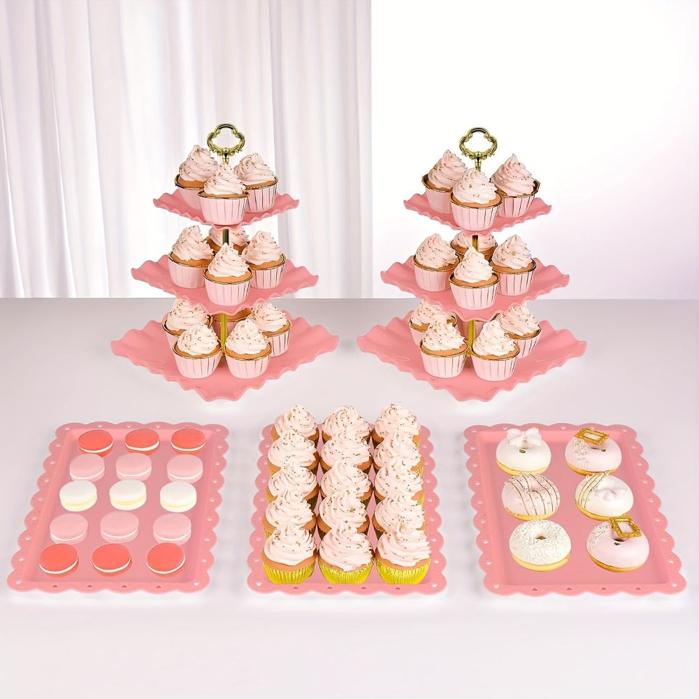 Five-Piece Cupcake Stand Set with Two Three-Tier Square Towers and Three Appetizer Trays in Pink or White