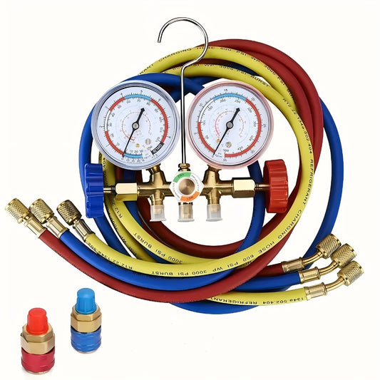 AC Manifold Gauge Set 3-Way with Color-Coded Hoses & Adapters for R134A R22 R12 R404A - HVAC Diagnostics A/C Recharge Leak Detection 0-500 PSI