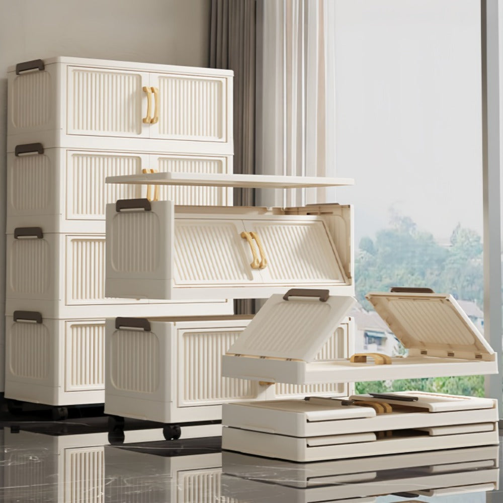 Foldable Plastic Storage Cabinet with Clear Ribbed Doors, Wheels and Large 1-, 3- or 5-Layer Options