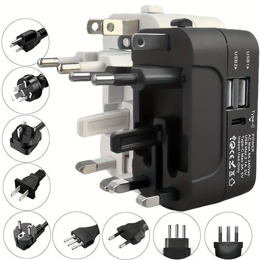 Universal Travel Adapter with Surge Protection - 2 USB & Type-C Ports, All-in-One International Plug for 350+ Countries, 100-240V Input, Fast Charging, Compact Lightweight Design, White & Black