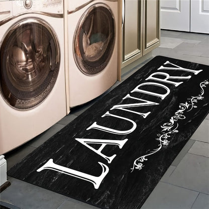 Black and White Laundry Room Mat with Bold LAUNDRY Text in 45 x 120 cm and 45 x 150 cm Size Options