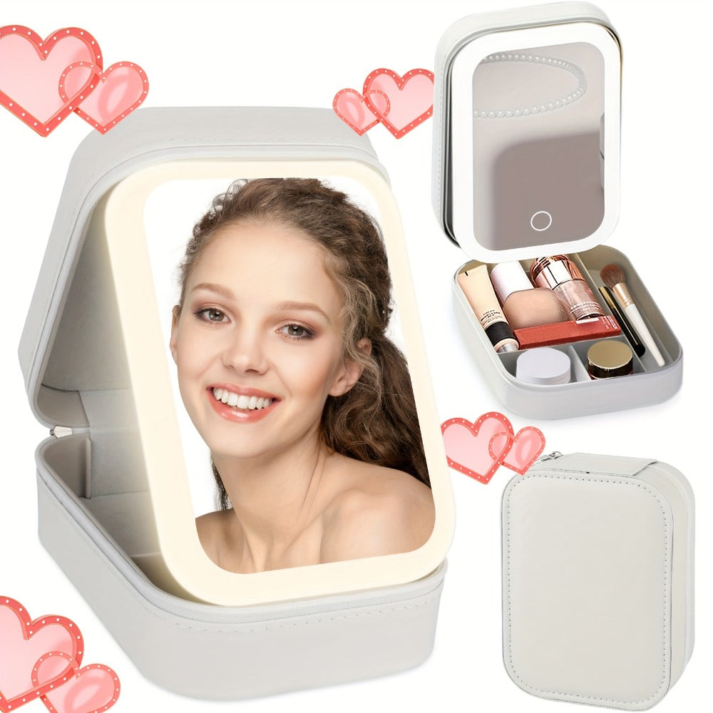 Lighted Makeup Mirror with Travel Case Cosmetic Organizer 3-Color LED Light 1200mAh Rechargeable Portable Vanity Mirror Adjustable Brightness for Women Gift Birthday Christmas