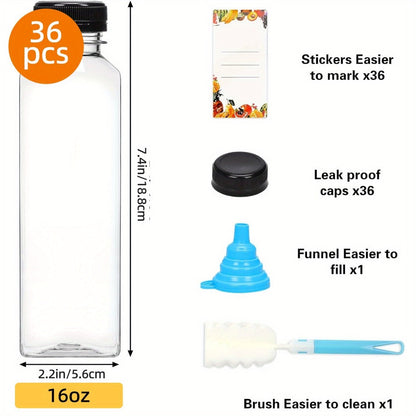 Reusable Juice Bottle Set, Clear Plastic 12oz or 16oz Drink Containers with Lids, Funnel and Cleaning Brush