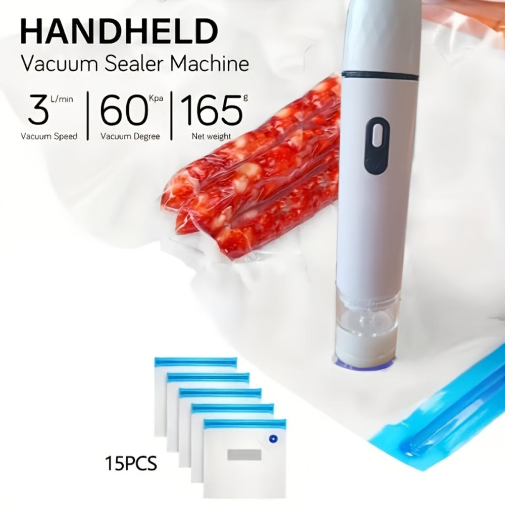 Handheld Vacuum Sealer with USB Cable and 15- or 30-Bag Storage Kit for Compact Kitchen Use