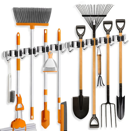 Two-Pack Wall-Mounted Broom and Mop Holders with Four Grip Racks, Five Hooks and Exact Configuration