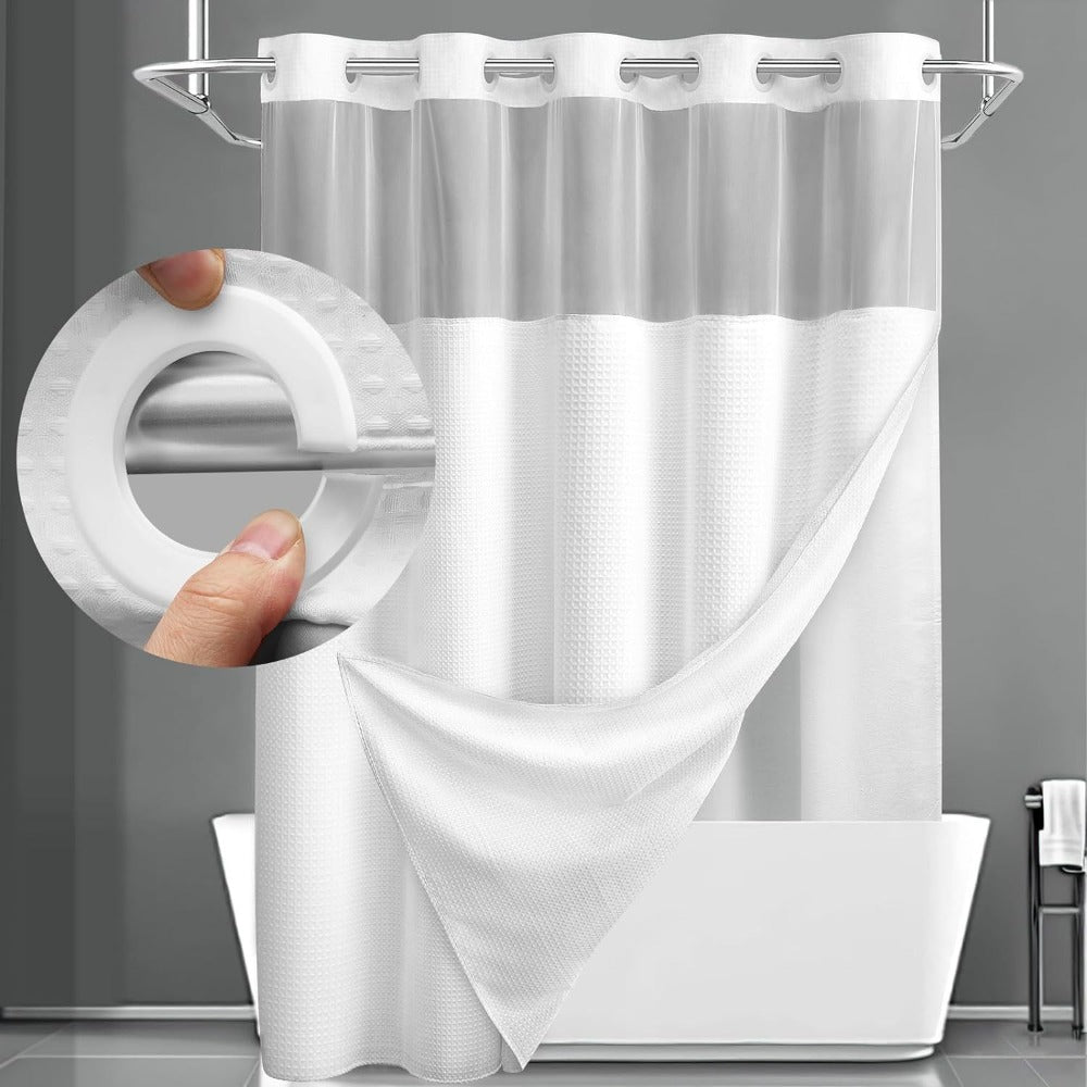 Hookless Waffle Shower Curtain with Snap-In Liner, Sheer Top Window, Four Colors and 74 x 71-Inch Size