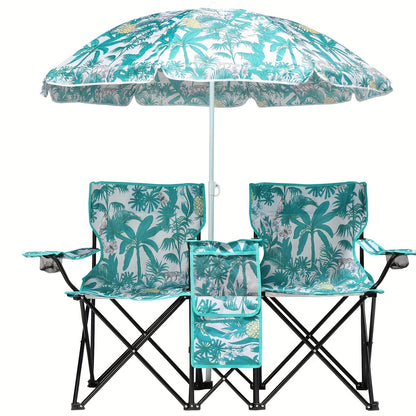 Portable Folding Chair with Removable Sun Umbrella - 2-Seat Outdoor Foldable Chair, Steel Frame Oxford Fabric, Lightweight Sun Shade Seat for Fishing Beach Camping Sunbathing Outdoor Activities