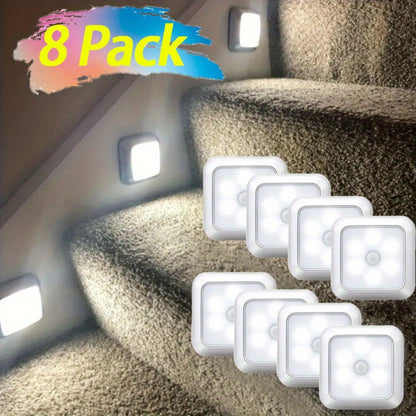 Four-Piece 8cm Square Battery Night Light Set with Motion Sensors and Cool-Light Checkout for Hallways