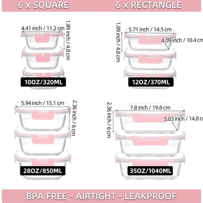 Glass Food Storage Containers with Airtight Lids - Borosilicate Glass Meal Prep Containers Set, Microwave Dishwasher Freezer Safe, BPA Free, Leak Proof Lunch Containers for Kitchen